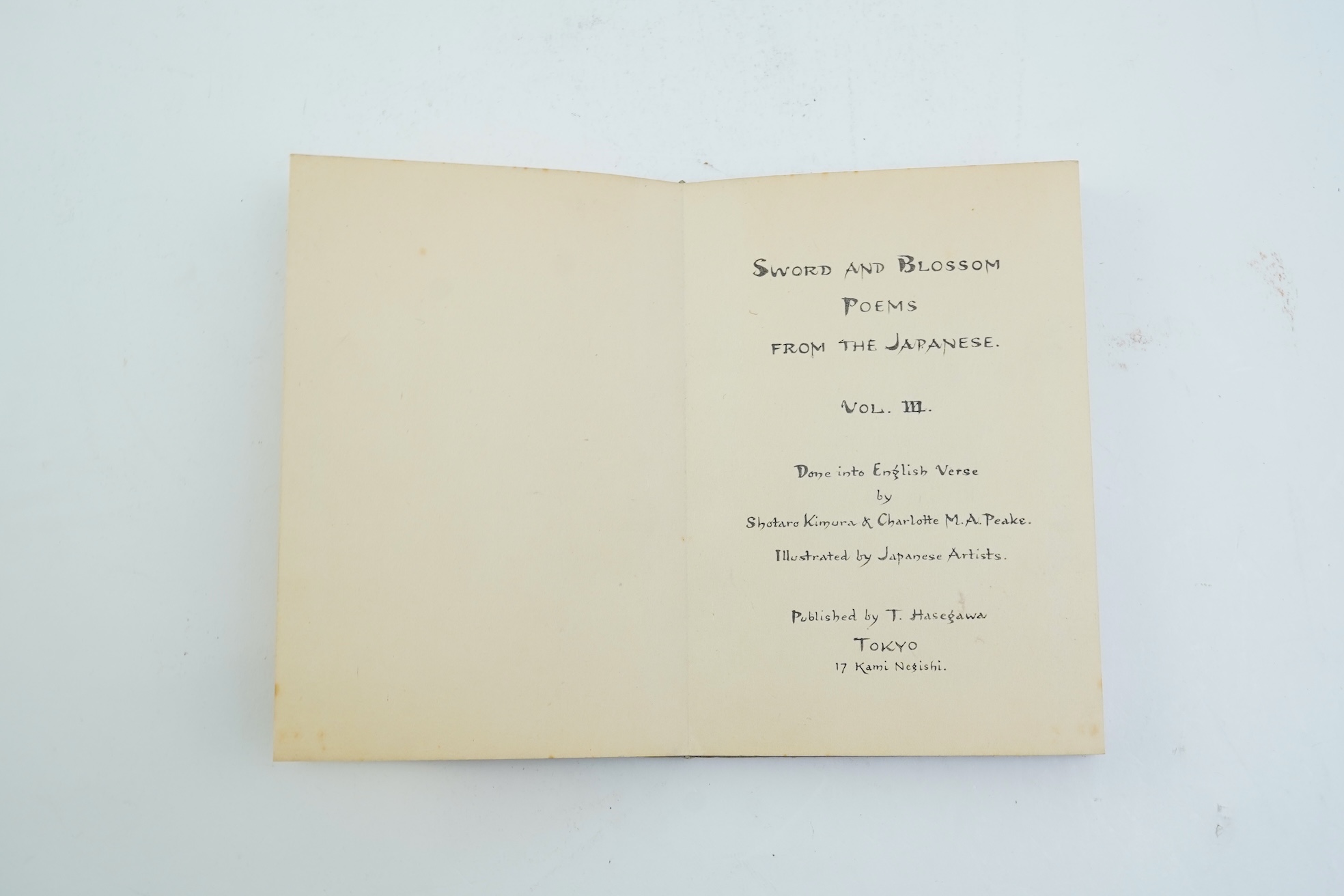 Swords and Blossom Poems from the Japanese, three volumes, done into English verse by Shotaro Kimura and Charlotte M. A. Peake, woodblock illustrations by Japanese artists, Tokyo, T. Hasegawa publisher